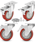 4 Inch Heavy Duty Casters With Dual Locking Swivel Wheels And Non Marking Polyurethane Tires For Shock Absorbing Glide. Set of four wheels with steel brackets.