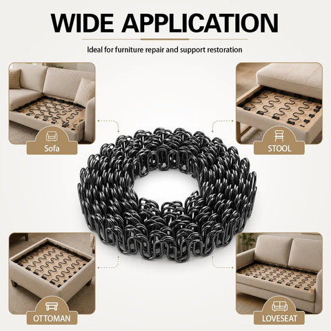 Heavy Duty 45 Foot Zig Zag Upholstery Springs For Couches coiled in a roll with examples of usage for sofas, stools, ottomans, and loveseats.