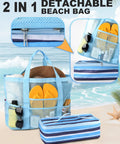 Beach Bag With Built In Detachable Cooler Compartment, blue mesh tote with zipper pockets, shown on beach with accessories.