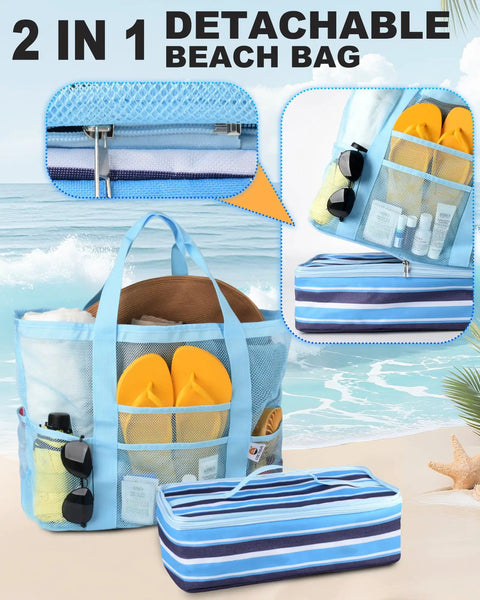 Beach Bag With Built In Detachable Cooler Compartment, blue mesh tote with zipper pockets, shown on beach with accessories.