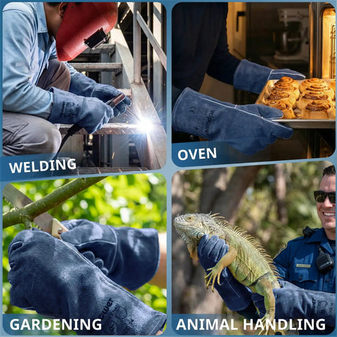 Collage showing Heavy Duty Leather Welding Gloves with Kevlar Stitching in use for welding, baking, gardening, and animal handling tasks