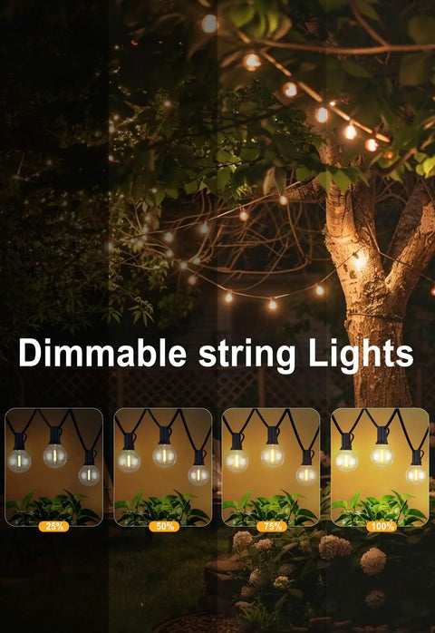 Outdoor String Lights 50 Ft Weatherproof With 27 Vintage Shatterproof LED Edison Bulbs for Backyard showcasing dimmable options