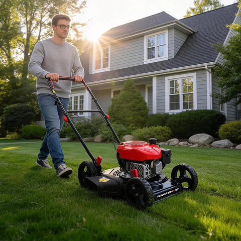 Man using Easy Start 18 Inch Gas Lawn Mower With 144cc OHV Engine Steel Deck Side Discharge 5 Position Height Adjustment Lightweight Walk Behind Push Mower For Small Yards Quick No Fuss Yard Care on lawn.