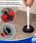 Heavy Duty Toilet Plunger With Holder, Ergonomic Handle, being used on a tile floor, focuses on the plunger head and handle grip.