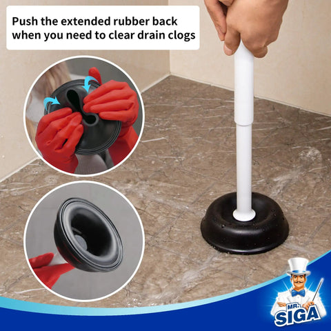 Heavy Duty Toilet Plunger With Holder, Ergonomic Handle, being used on a tile floor, focuses on the plunger head and handle grip.