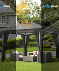 13x13 Pop Up Gazebo Tent With Mosquito Netting For Outdoor Lawn And Backyard Use, rain, sun, and wind performance visible, Gray