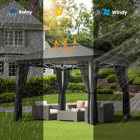 13x13 Pop Up Gazebo Tent With Mosquito Netting For Outdoor Lawn And Backyard Use, rain, sun, and wind performance visible, Gray