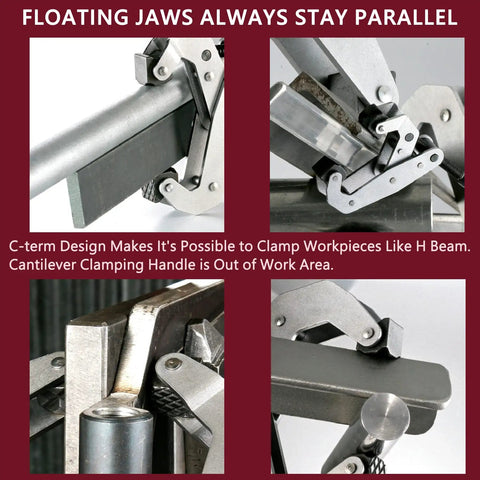 Close-up of Two Pack Heavy Duty Cantilever Lever Clamps Featuring Deep Throat Access And Floating Parallel Jaws That Lock Rock Solid Without Binding.