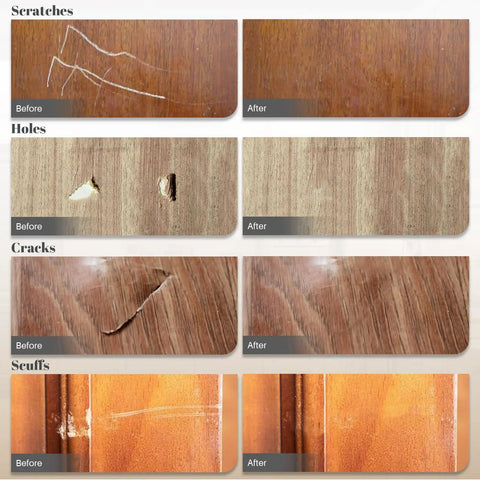 Before and after repair of wood surfaces using All In One Wood Filler Sticks Kit With 20 Color Options For Easy Diy Furniture Repair.