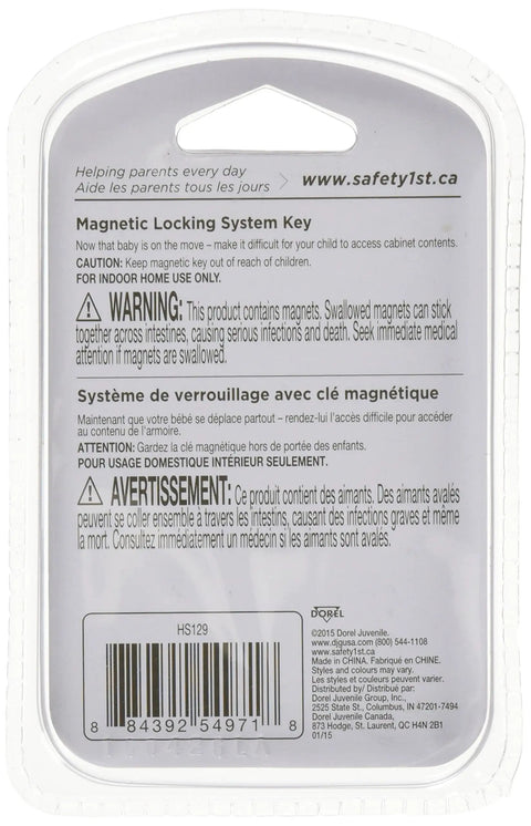 Packaging of Magnetic Locking System Key for Kidproof Cabinets, featuring safety instructions and barcode on white background