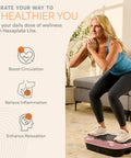 Woman using HexaPlate Lite Vibration Plate for full body toning and recovery with lymphatic drainage in home gym setting