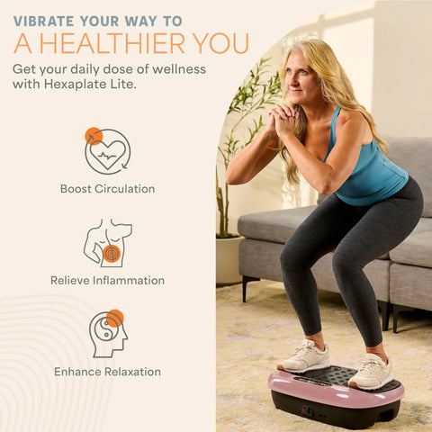 Woman using HexaPlate Lite Vibration Plate for full body toning and recovery with lymphatic drainage in home gym setting
