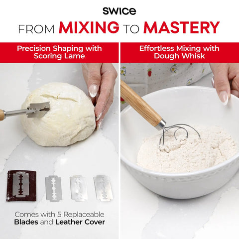 Round 9 Inch Banneton Proofing Basket Starter Kit With Lame Dough Scraper Linen Liner And Basting Brush For Perfectly Shaped Sourdough Loaves All In One Bread Making Tools showing scoring lame, dough whisk, and blades.