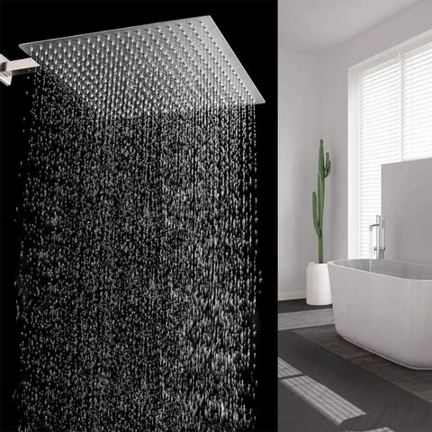 Sixteen Inch Square Rain Shower Head With High Pressure Waterfall Flow, Ultra Thin One Sixteenth Inch Stainless Steel Brushed Finish