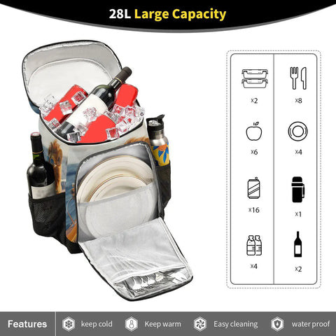 Yacht Inspired Insulated Cooler Backpack With Leakproof Waterproof Design, open, showing 28L capacity with drinks and plates.
