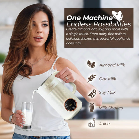 Woman pouring almond milk using 8-In-1 Nut Milk Maker With 32 Oz Capacity For Almond Milk Oat Milk Soy Milk Coconut Dairy Free Milks Plant Based Milk Delay Start Self Cleaning 50 Recipe Cookbook And Milk Frother in a kitchen.