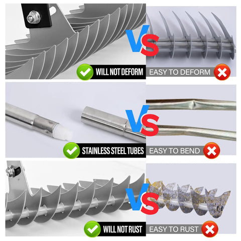 Comparison of Thatch Rake With 58.5 Inch Adjustable Handle And 15 Inch Steel Head showcasing deformation, bending, and rust resistance