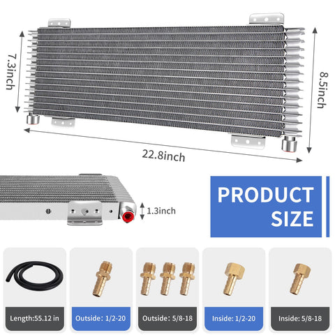 Heavy Duty 40K Transmission Oil Cooler Kit dimensions with mounting hardware for big rigs and trailers, Tru Cool compatible