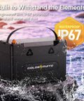 12V 100Ah LiFePO4 Battery With Bluetooth BMS IP67 Waterproof For RV Solar Marine Trolling Motor And Off Grid Setups 5000 Plus Deep Cycles Ready For Any Adventure Built For Road Trips And No Fuss Power On The Go showcased amidst water reflecting durability and waterproofing with IP67 label