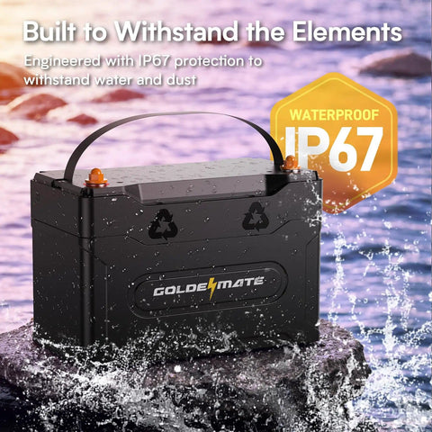 12V 100Ah LiFePO4 Battery With Bluetooth BMS IP67 Waterproof For RV Solar Marine Trolling Motor And Off Grid Setups 5000 Plus Deep Cycles Ready For Any Adventure Built For Road Trips And No Fuss Power On The Go showcased amidst water reflecting durability and waterproofing with IP67 label