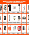 All In One Survival Gear Kit with tactical backpack, compass, poncho, carabiners, shovel, knife, and more shown in grid layout.
