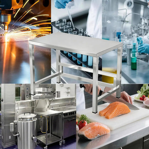 Heavy Duty Stainless Steel Workbench With Beefy Reinforced Crossbars And Folded Safety Edges For Rock Solid Kitchen Prep Or Warehouse Packing Projects in a busy kitchen setting.