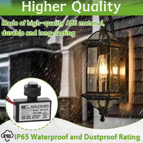 2 Pack AC Photocell Light Sensors for outdoor lighting, weatherproof IP65, shown with classic outdoor lantern at dusk