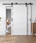 White 40x84 Inch Double Sliding Barn Door Set With 5 Panel MDF Doors, 6 Foot Bypass Hardware Kit in bedroom setting.