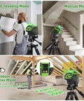 Dead Nuts True Self Leveling Green Laser Level Tough Cross Line Tool showing self-leveling and manual modes, with outdoor pulse mode functionalities.