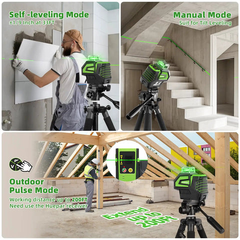 Dead Nuts True Self Leveling Green Laser Level Tough Cross Line Tool showing self-leveling and manual modes, with outdoor pulse mode functionalities.