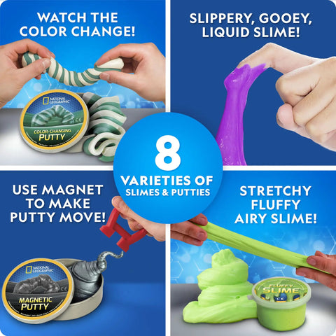 Ultimate Slime Kit And Putty Lab With Eight Varieties Of Slime And Putty Including Magnetic Slime Glow In The Dark Putty Color Changing Putty Snot Slime And Bouncing Putty A Totally Fun Sensory STEM Toy For Kids showing slime features