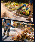 Handheld powerful cordless leaf blower cleaning garden path and blowing leaves on pavement with battery and charger