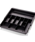 Slick Expandable Drawer Organizer Tray With Adjustable Width And Removable Dividers For Hustle Ready Desk Organization In Smooth Recycled Black Plastic Finish, showing multiple compartments.