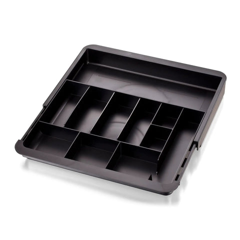 Slick Expandable Drawer Organizer Tray With Adjustable Width And Removable Dividers For Hustle Ready Desk Organization In Smooth Recycled Black Plastic Finish, showing multiple compartments.