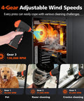 Cordless 110000RPM air duster with four speed levels cleaning PC case, pet fur, razor, and crevices, rechargeable 15 in 1 tool.