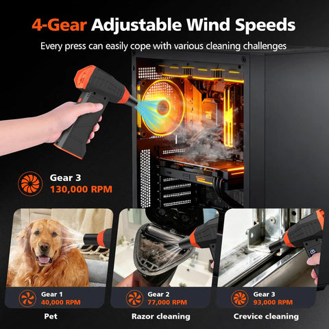Cordless 110000RPM air duster with four speed levels cleaning PC case, pet fur, razor, and crevices, rechargeable 15 in 1 tool.