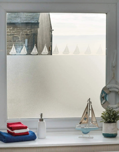 Milky Privacy Window Film With Reusable Static Cling No Fuss Removable Frosted Glass Film For Windows Doors And Showers Easy Peel Repositionable And Durable Roll 17 By 59 Inches installed on window.