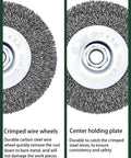 Four Inch Crimped Steel Wire Wheel Brush Compatible With All 4 1/2 Angle Grinders showing crimped wire wheels and center holding plate.