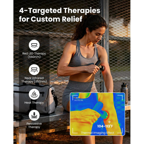 Person using Q2 Ultra Mini Massage Gun With Red Light Infrared Heat Head Pocket Sized Percussion Massager for muscle therapy outdoors.