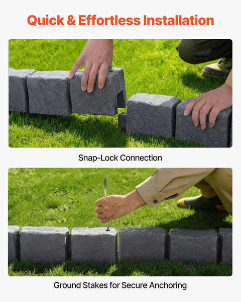 Installing Faux Stone Landscape Edging Kit 15.5 Ft No Dig Border For Lawn with snap-lock connection and ground spikes