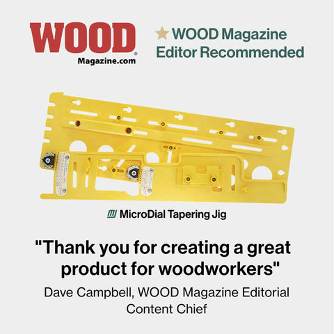 Slick Microdial Tapering Jig For Hella Precise Table Saw And Band Saw Angles With Smooth Adjustments, yellow jig with adjustment features.