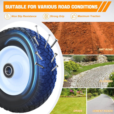 Flat Free 4.10/3.50-6 Replacement 12 Inch Wheel With 1 In. Axle Bore for Wheelbarrows on dirt, grass, and cement