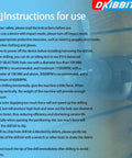 Instructions for use visible with a drill machine in the background.