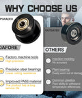 Comparison of factory precision wheels vs outdated wheels for Home Gym Replacement Wheels And Rollers Kit With 4 Precision Machined Wheels And Washers, 5 By 16 Bearing Bore, Fits Most Multi Gym Machines And Achiever Style Units, Upgrade Your Home Gym Setup With Durable High Performance Hardware.