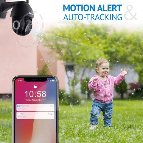 Outdoor Security Camera 1080P HD WiFi Pan Tilt 360 View With Night Vision And Two Way Audio IP65 Weatherproof showing motion alert