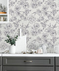 Black And White Vintage Floral Wallpaper Peel And Stick Roll 17.7 Inch Wide By 236 Inch Long For Walls Cabinets Bedroom Living Room Matte Vinyl Self Adhesive Peony Flower Decor displayed in kitchen