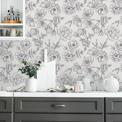Black And White Vintage Floral Wallpaper Peel And Stick Roll 17.7 Inch Wide By 236 Inch Long For Walls Cabinets Bedroom Living Room Matte Vinyl Self Adhesive Peony Flower Decor displayed in kitchen