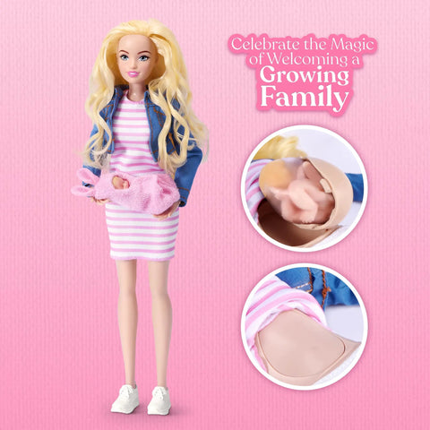 Kicksit Real With This Super Squishy Mom And Baby Surprise Playset Featuring A Drop Down Belly Reveal Fresh Nurture Kit For Smooth Role Play Brittany Baby Pack For Laid Back Vibes And Major Empathy Fun, showing a doll with a pink striped dress and a reveal feature.