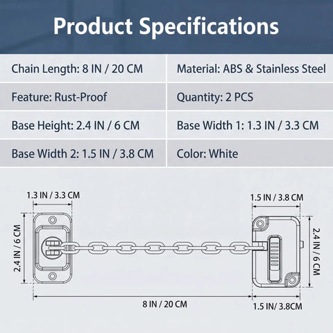 Specifications for Child Proof Door Lock And Cat Door Latch, showing chain length, material, size, and quantity