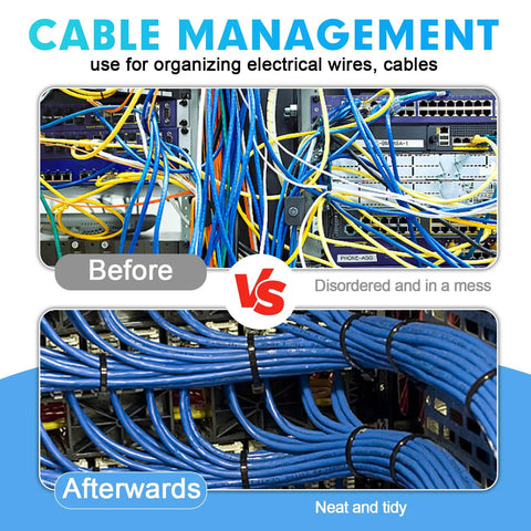Comparison of messy versus organized electrical cables using Heavy Duty Nylon Zip Ties 600 Pack Assorted Sizes 8 Inch 12 Inch 14 Inch 18 Inch With 100Lb Tensile Strength UV Resistant Weatherproof For Indoor Outdoor Use And Cable Management.